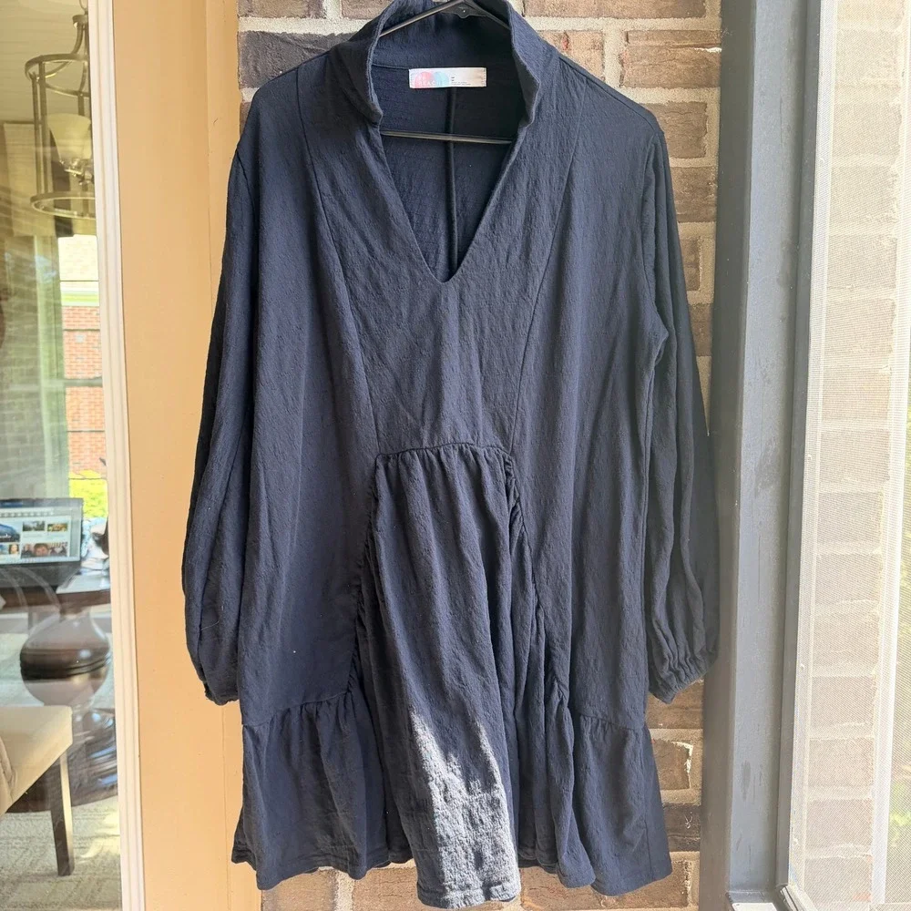 Free People Hudson Beach Mini Tunic Dress Boho Ruffle Hem‎ Womens M Black